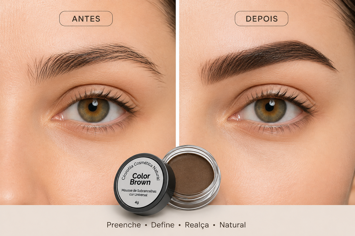 Antes e depois da aplicação do ColorBrown mousse para sobrancelhas castanho natural – preenchimento e definição das sobrancelhas