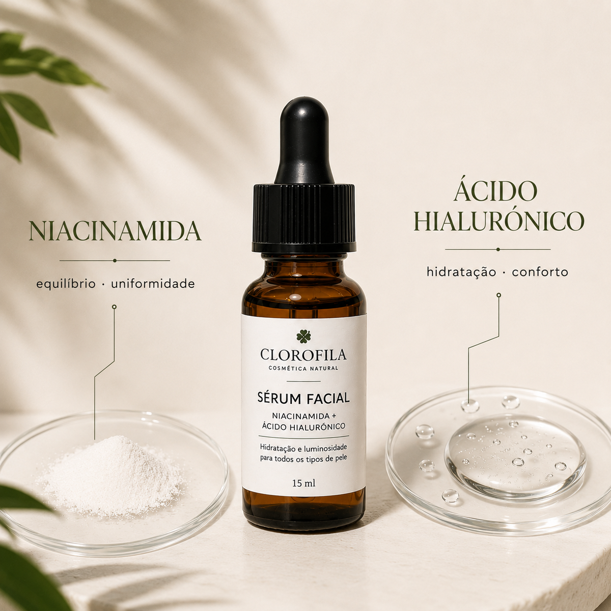 Sérum Facial Clorofila com Niacinamida e Ácido Hialurónico, ativos para hidratação e aparência mais uniforme da pele