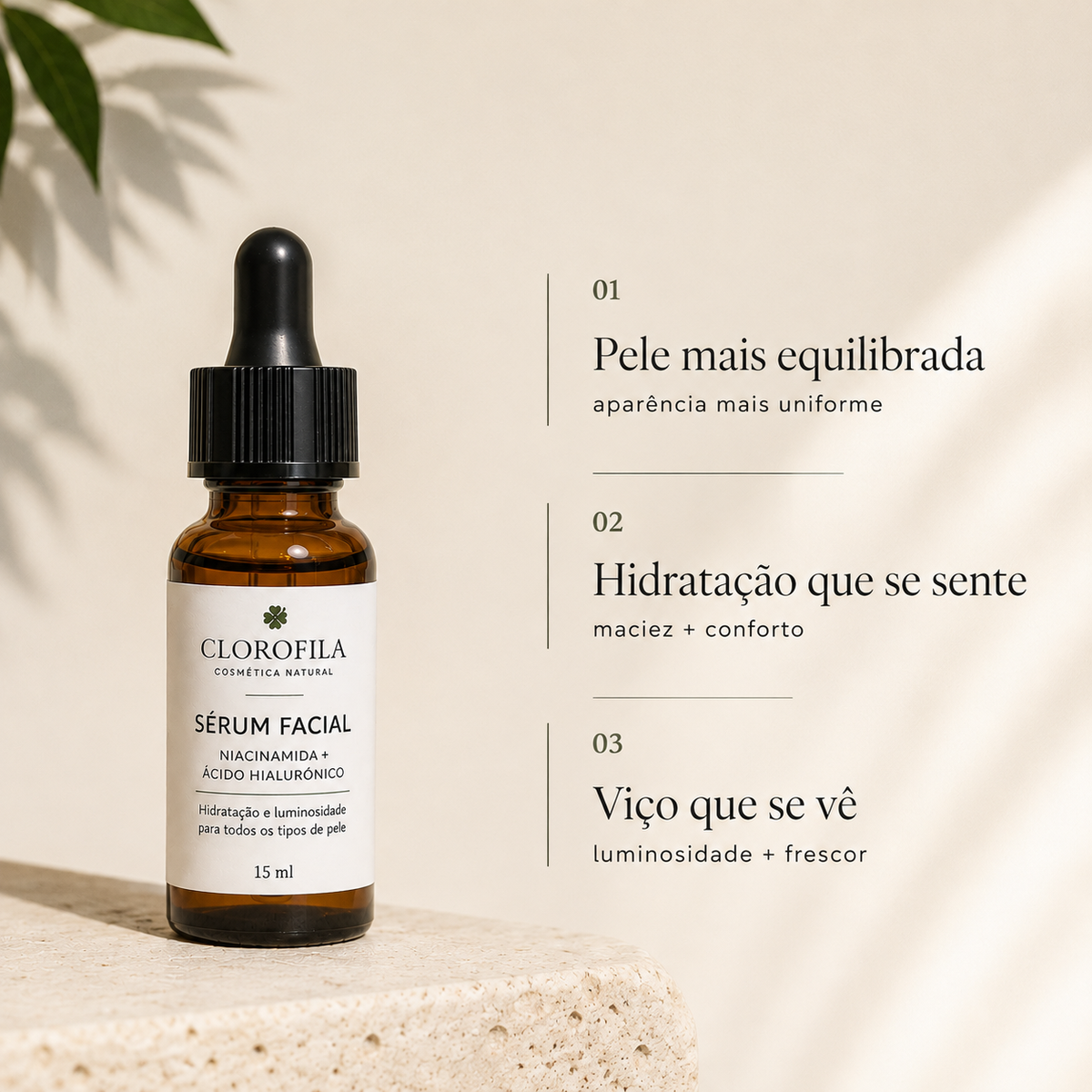 Sérum Facial Clorofila com Niacinamida e Ácido Hialurónico – hidratação, aparência mais uniforme e luminosidade