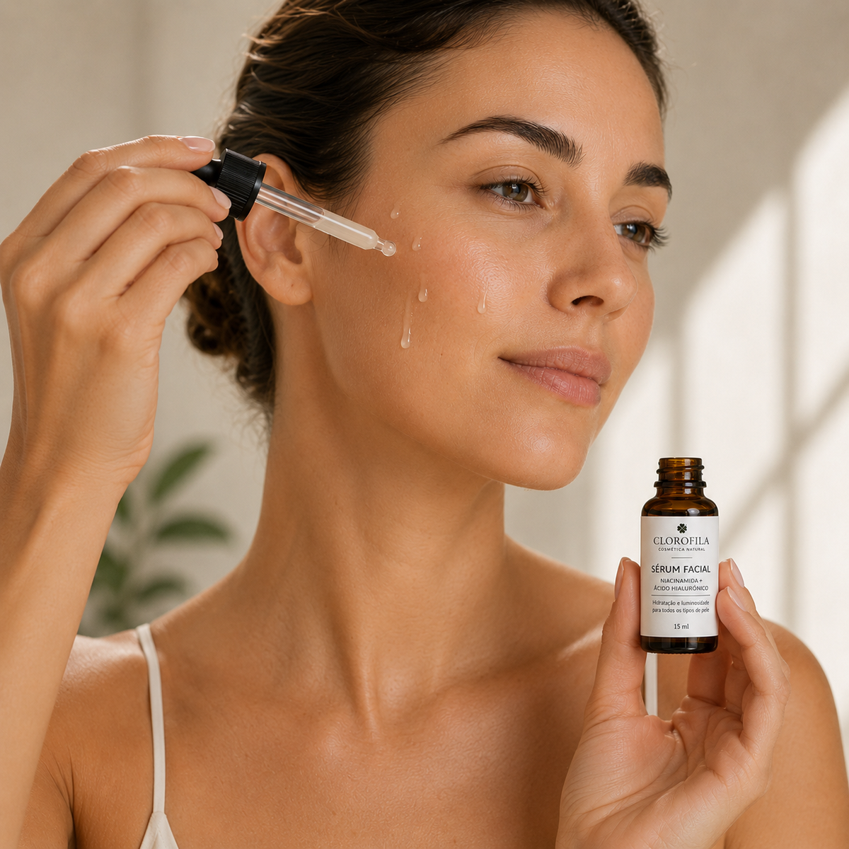 Mulher aplicando gotas do Sérum Facial Clorofila com Niacinamida e Ácido Hialurónico no rosto com conta-gotas