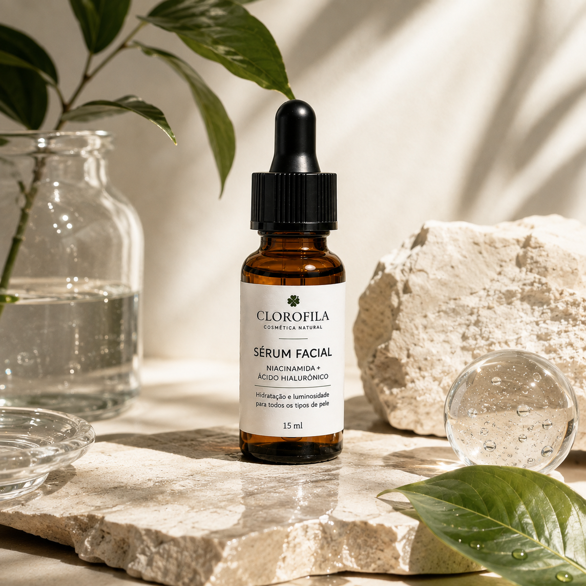 Sérum Facial Clorofila com Niacinamida e Ácido Hialurónico em cenário natural com pedra clara, vidro e folhas verdes