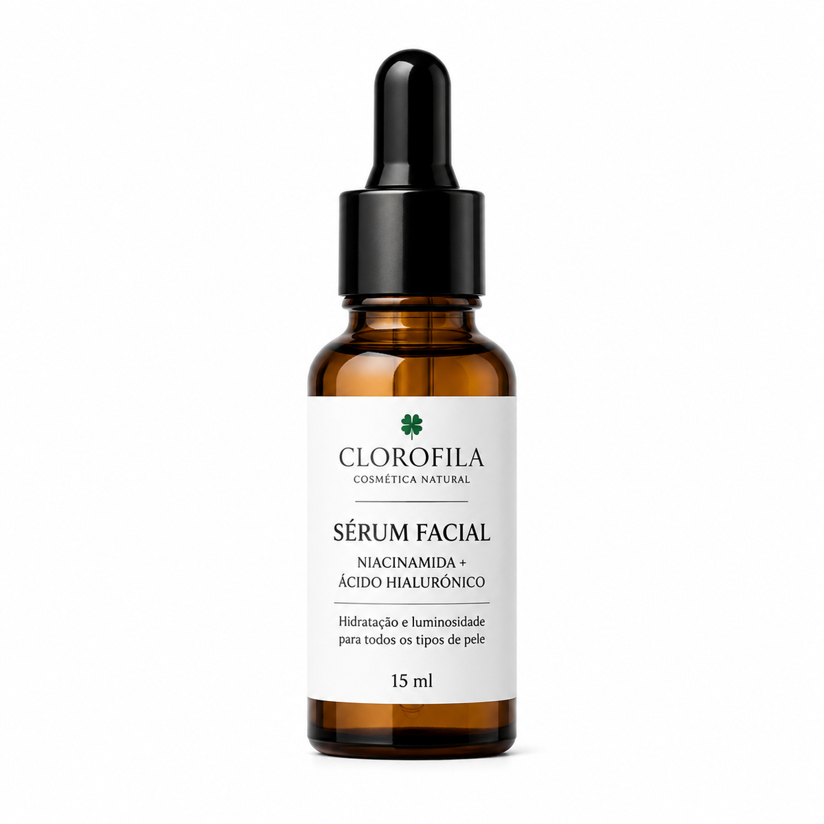 Sérum Facial Clorofila com Niacinamida e Ácido Hialurónico 15 ml em frasco de vidro âmbar com conta-gotas