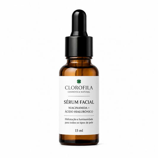 Sérum Facial Clorofila com Niacinamida e Ácido Hialurónico 15 ml em frasco de vidro âmbar com conta-gotas